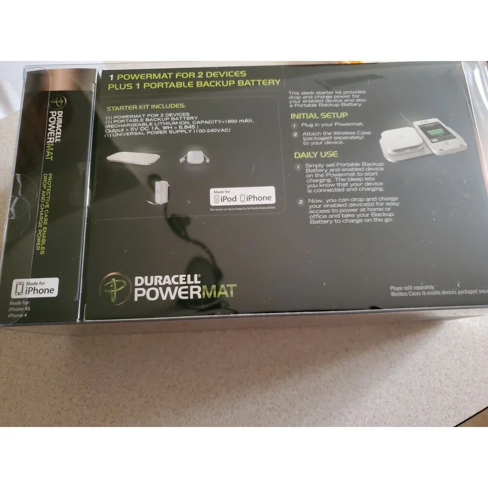 Duracell PowerMat Wireless Charging Case w Block for Samsung iPhone 4 4S White